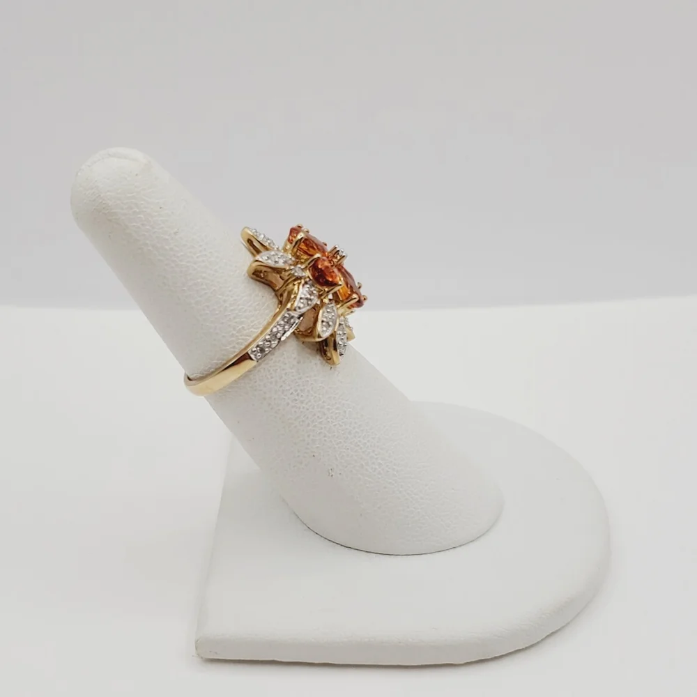 10k Solid Yellow Gold Genuine Spessartite Mandarin Garnet & Diamond Flower Ring